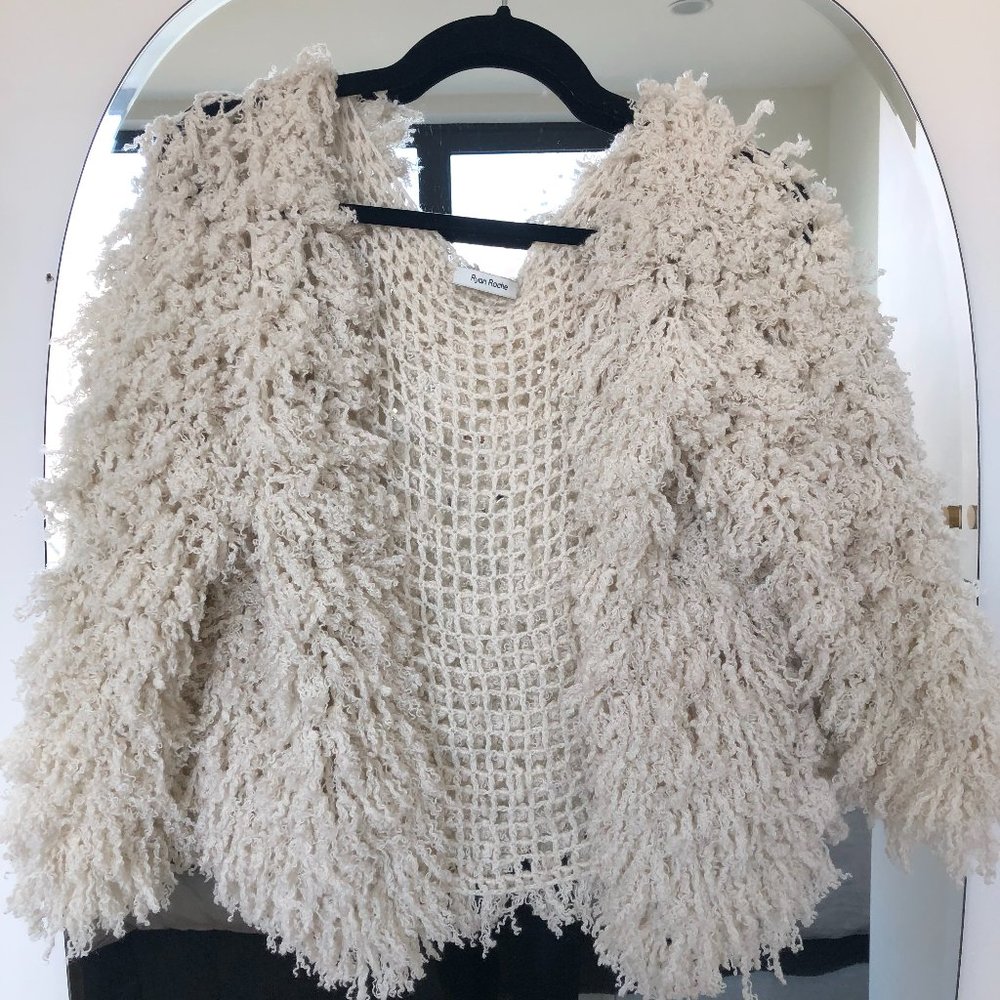Ryan Roche Ivory Cashmere Furry Cardigan, Small/1